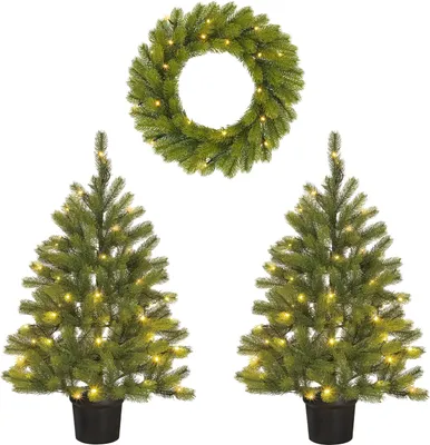 Produktbild von Black Box Trees Nagoya Weihnachtsbaum und Weihnachtskranz-Set – 2 künstliche Weihnachtsbäume und 1 Kranz mit LED-Beleuchtung – Grün