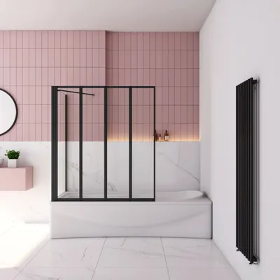 Produktbild von 90x140cm Schwarz 4-ftg. Faltbare mit 75cm Seitewand Badewanneaufsatz 4mm ESG Sicherheitsglas