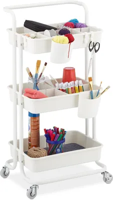 Immagine prodotto di Carrello portaoggetti - 3 ripiani - 2 freni - Carrello per cucina/ufficio - 86 x 43 x 42 cm - Metallo e plastica - Bianco