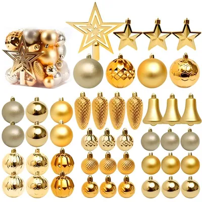 Imagen del producto de Juego de 45 adornos navideños – Bolas de plástico para el árbol de Navidad – Decoración navideña – Juego de adornos para el árbol que incluye bolas, estrellas y un adorno para la punta del árbol – Dorado/Blanco