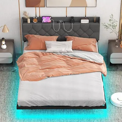 Produktbild von Bett mit LED Beleuchtung & Ladestation, 160 x 200 cm, Polsterbett mit verstellbarem gepolstertem Kopfteil & Lattenrost, Doppelbett, Bettgestell