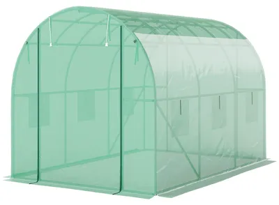 Produktbild von Polytunnel-Gewächshaus Stahlrahmen 140 g/m2 PE-Folie 85 % Lichtdurchlass Verstärkungsgitter aufrollbare Türen Netzfenster Erdrand Grün