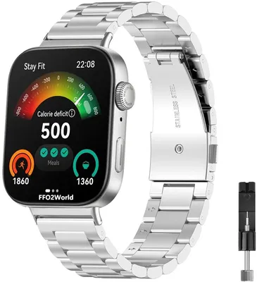 Produktbild von FFO2World Edelstahl-Gliederarmband, passend für Huawei Watch Fit 4 Pro / Watch Fit 4 / Watch Fit 3 – Metall-Uhrenarmband aus Edelstahl – Silber