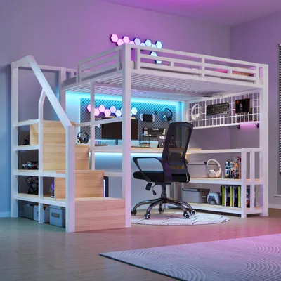 Produktbild von Flieks Etagenbett 140x200cm mit Schreibtisch und Ladefunktion, Hochbett mit Treppe und Hängegitter, Kinderbett Metallbett mit Led und Regal, Weiß