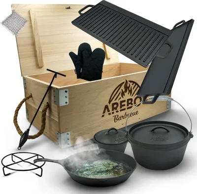 Produktbild von AREBOS Súpravy holandských hrncov BBQ set z liatiny s drevenou krabicou vrátane ochranných rukavíc