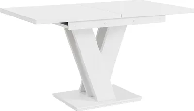 A white dining table with a pedestal base is shown against a white background.