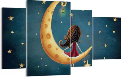 Produktbild von Bild auf Leinwand - Leinwandbild - 4 Teile - Kinder Mädchen Mond - 120x70cm - Wand Bild - Wanddeko - Wandbilder - Leinwanddruck - Bilder - Wanddekoration - Leinwand bilder - Wandbild - DL120x70-4683