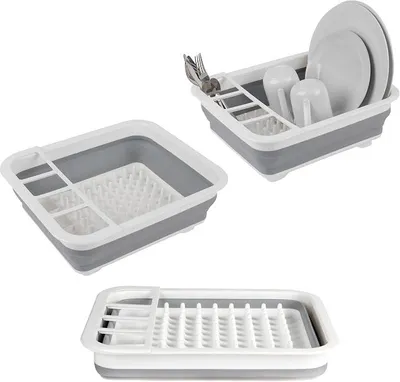 Produktbild von PolkaHome® Faltbares Abtropfgestell mit Besteckkorb – Platzsparendes Geschirrabtropfgestell für Küche, Camping & Wohnmobil, bruchfest,