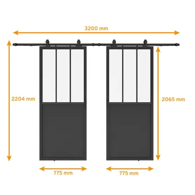 Produktbild von inova Doppelflügelige Loft-Glasschiebetür 1550 x 2065 mm, Klarglas, Stahlrahmen Schwarz, Komplettset, Softclose beidseitig