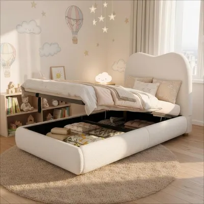 Image de OKWISH Lit Enfant 90x200 cm, Lit Coffre Simple avec Rangement Hydraulique et Tête de Lit Rembourrée en Velours, Sans Matelas - Beige