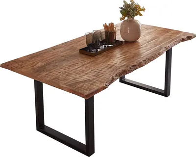 Produktbild von Esstisch Baumkante Massiv Mango naturfarben 160 x 85 schwarz U-Gestell NORINA