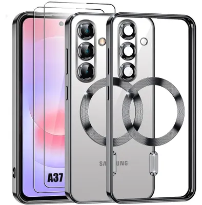 Image de Coque + 2 Verres Trempés pour Samsung Galaxy A37 5G, Silicone Souple avec Cercle Magnétique - Noir