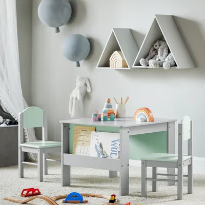 Produktbild von SoBuy Kindertisch mit Stühlen Kindersitzgruppe innen Kinder Tisch Stuhl Set Maltisch für Kinder Sitzgruppe Hellgrau KMB88-HG