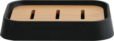 Immagine prodotto di MSV® Portasapone, portasapone "Kamla", elegante portasapone in plastica di alta qualità e bambù, 12 x 9 x 2,5 cm, nero opaco