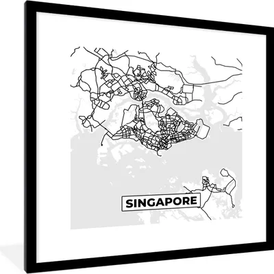 Produktbild von MuchoWow® Gerahmtes Poster Singapur - Karte - Stadtplan - Schwarz und weiß - Karte 40x40 cm - Poster mit Schwarzem Bilderrahmen Wandposter Rahmen Foto Bilder - Poster - Plakat im Rahmen