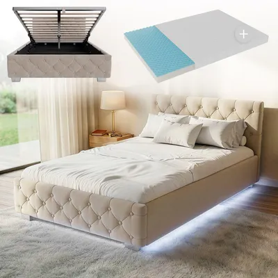 Produktbild von Juskys Polsterbett Nizza 120x200 cm mit Matratze - Bettgestell mit Lattenrost, Stauraum & LED Beleuchtung - Samtbezug, Chesterfield-Steppung - Beige