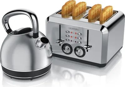 Produktbild von Arendo Frühstücks-Set, Wasserkocher Edelstahl 1,7l, Toaster 4 Scheiben Kurzschlitz, Frühstücksset, Wasserkocher Retro, Toaster Vintage, 2 Rösteinheiten, silber