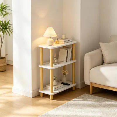 Produktbild von 3 Ablagen Schmaler Beistelltisch,Holz Couchtisch,Kleiner Tisch für Schlafzimmer,Wohnzimmer,Moderner-Design,Einfache Aufbau 40x18x62cm Weiß