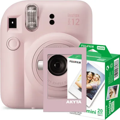 Produktbild von Sofortbildkamera Fujifilm Instax Mini 12, Blossom Pink mit magnetischem Rahmen und 20 Filmen.