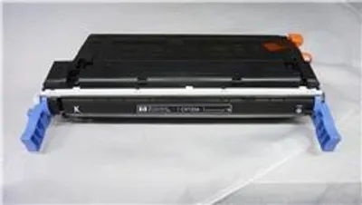 A black toner cartridge with blue plastic handles and orange accents is shown on a white surface.