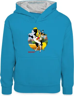 Produktbild von Spreadshirt Yakari Und Regenbogen Auf Kleiner Donner Kinder Kontrast-Hoodie, M (7/8 Jahre), Pfauenblau/Grau meliert