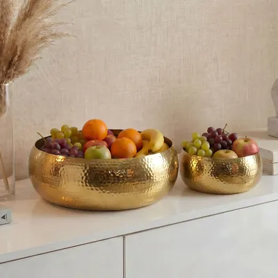Produktbild von FineBuy Obstschale 2er Set Rund Gold Schale Metall 36cm Tischdeko Moderner Obstkorb Hammerschlag aus Aluminium Alu Früchteschale Handmade