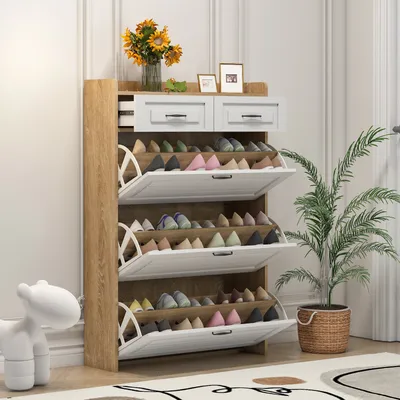 Produktbild von Flieks Schuhschrank Schuhkipper mit 2 Schubladen, Schuhkommode Flurkommode Schuhablage Schmal, Schuhregal mit 3 Klappbaren Schuhregalen, Weiß