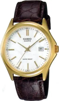 A close-up studio shot of a men's Casio watch with a gold-tone case, white dial, and brown leather strap.