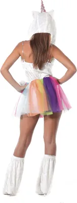 A person wearing a unicorn costume, viewed from the back.