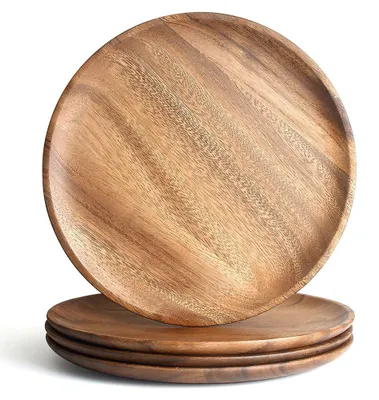 Produktbild von Servierbrett Holzteller Schneidebrett - Ø 25,4 cm - 4 Stück - Akazienholz - Natur