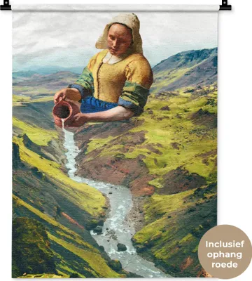 Produktbild von MuchoWow® Wandteppich Wandbehang Milchmädchen - Vermeer - Berge 60x80 cm Tapisserie Dekoration Wandtuch - Decke - Wandtücher - Wohne