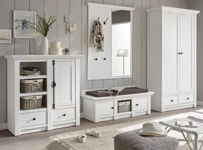 Produktbild von Garderoben-Set "Hooge" in Pinie weiß Landhaus, Komplett-Set mit Schuhschrank