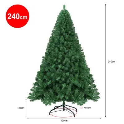 A tall, green artificial Christmas tree with a metal stand, shown against a white background with size annotations.