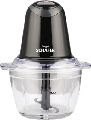 A black and clear electric food chopper on a white background.