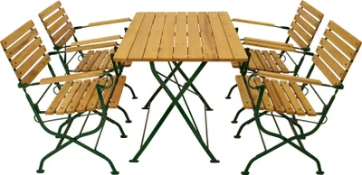 Produktbild von DEGAMO Gartengarnitur Sitzgruppe Klappgarnitur PASSAU 5-teilig, Flachstahl grün + Robinie, klappbar (4x Klappsessel mit Armlehnen, 1x Klapptisch 70x110cm)