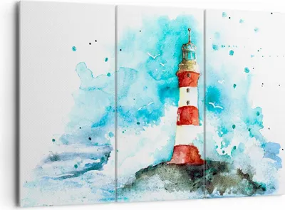 Produktbild von Bild auf Leinwand - Leinwandbild - Leuchtturm Wasser Illustration Welle - 165x110cm - Wand Bild - Wanddeko - Leinwanddruck - Bilder - Kunstdruck - Leinwand bilder - Wandkunst - CE165x110-2939