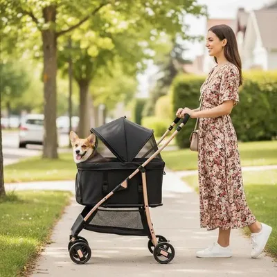Image de Poussette 3-en-1 pour animaux de compagnie avec fonction de siège auto amovible