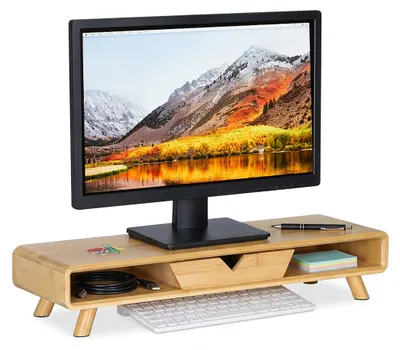 Obrázok produktu pre Stojan na monitor Relaxdays, 2 police a zásuvka, rozmery: 13 x 62 x 20,5 cm, bambus, na stôl, podstavec pod monitor, prírodná farba