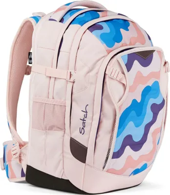 A side view of a pink backpack with a colorful wavy pattern.