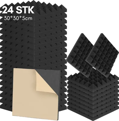 Produktbild von Hengda 24 Stück Akustikschaumstoff Akustikschaum Matten Pyramide 30 x 30 x 5cm  Schalldämmmatten zur effektiven Schaumstoff Fliesen Schwarz