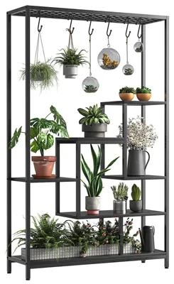 Image de Étagère pour plantes d'intérieur - Support à fleurs avec 5 niveaux - Hauteur 180 cm - Structure en métal avec étagères en bois - Pour plusieurs pots de fleurs - Avec crochets - Noir