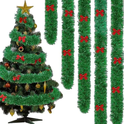 Image de Guirlande de Noël de 12 mètres avec nœuds, guirlande de sapin pour intérieur et extérieur, décoration pour Noël