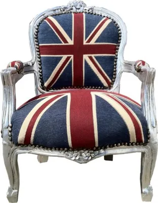 Produktbild von Casa Padrino Barock Kinderstuhl im Union Jack Design mit silbernem Rahmen, 51 x 71 cm