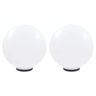 Two white spherical garden lights with black bases are shown against a white background.