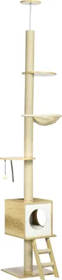 Produktbild von Kratzbaum, deckenhoch, Katzenhaus, zwei Plattformen, Hängematte, Kippschutz, hellbraun+beige, 40 x 40 x 260 cm