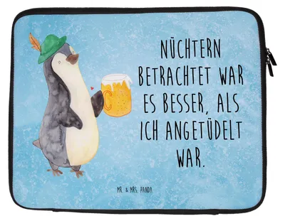 Produktbild von Mr. & Mrs. Panda Laptop Tasche Pinguin Bier 27 x 36 cm - Eisblau - Geschenk, Laptophülle, Hülle, , Case, Beschwippst, Angetüdelt, Laptoptasche