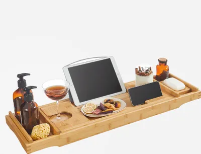 Produktbild von SONGMICS Badewannenablage, verstellbar, mit Getränkehalter, Handy-Stütze