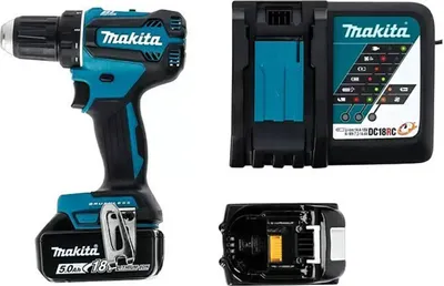 A collage of a cordless drill, its battery charger, and a battery pack.