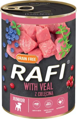 Produktbild von Dolina Noteci Rafi Junior mit Kalbfleisch  Cranberry und Blaubeere - Nasses Hundefutter 400 g