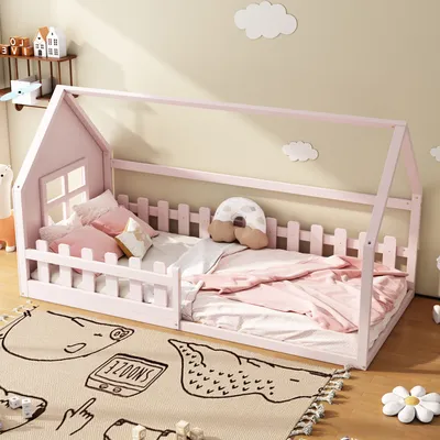 Produktbild von MODFU Kinderbett 90x200 cm Jugendbett mit Rausfallschutz, Hausbett aus Kiefernholz,Bettgestell Holzbett mit Lattenrost, Rosa (ohne Matratze)